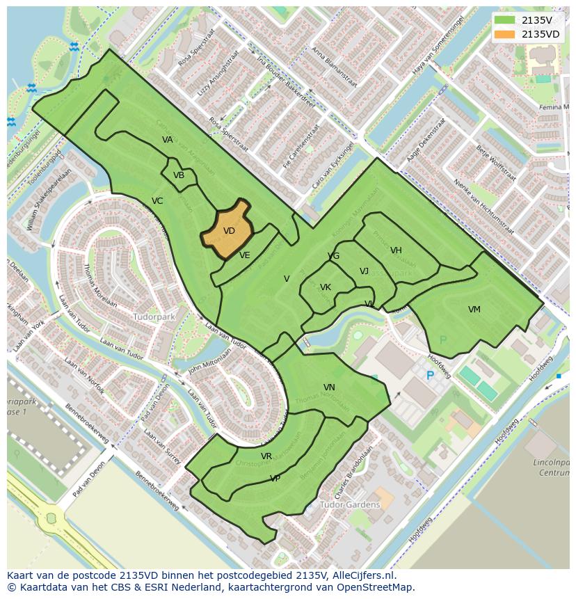 Afbeelding van het postcodegebied 2135 VD op de kaart.