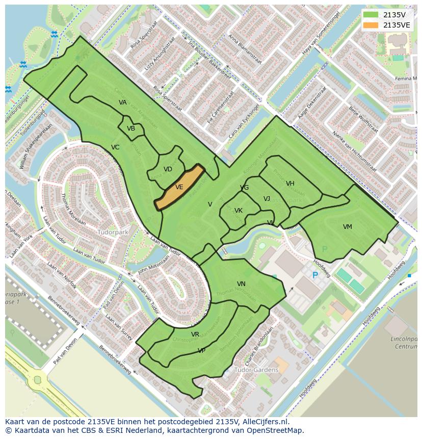 Afbeelding van het postcodegebied 2135 VE op de kaart.