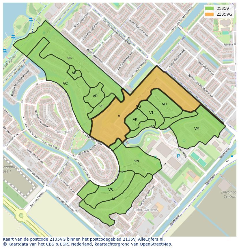 Afbeelding van het postcodegebied 2135 VG op de kaart.