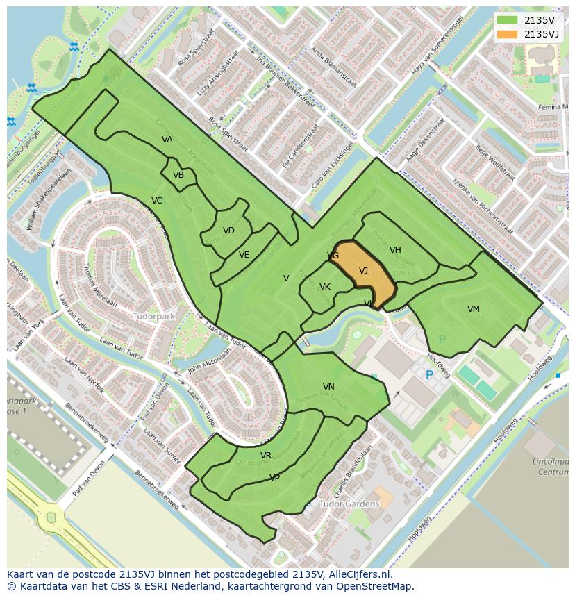Afbeelding van het postcodegebied 2135 VJ op de kaart.