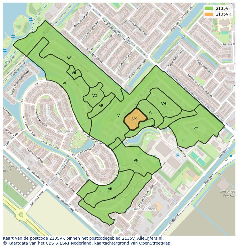 Afbeelding van het postcodegebied 2135 VK op de kaart.