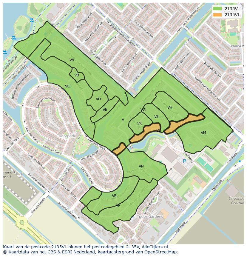Afbeelding van het postcodegebied 2135 VL op de kaart.