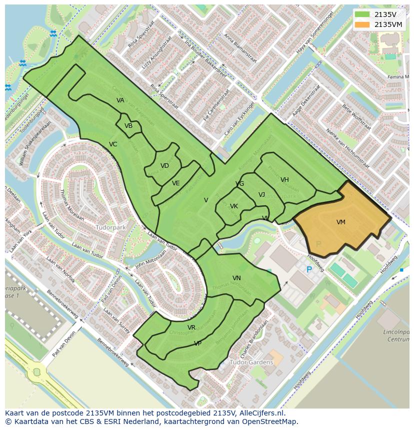 Afbeelding van het postcodegebied 2135 VM op de kaart.