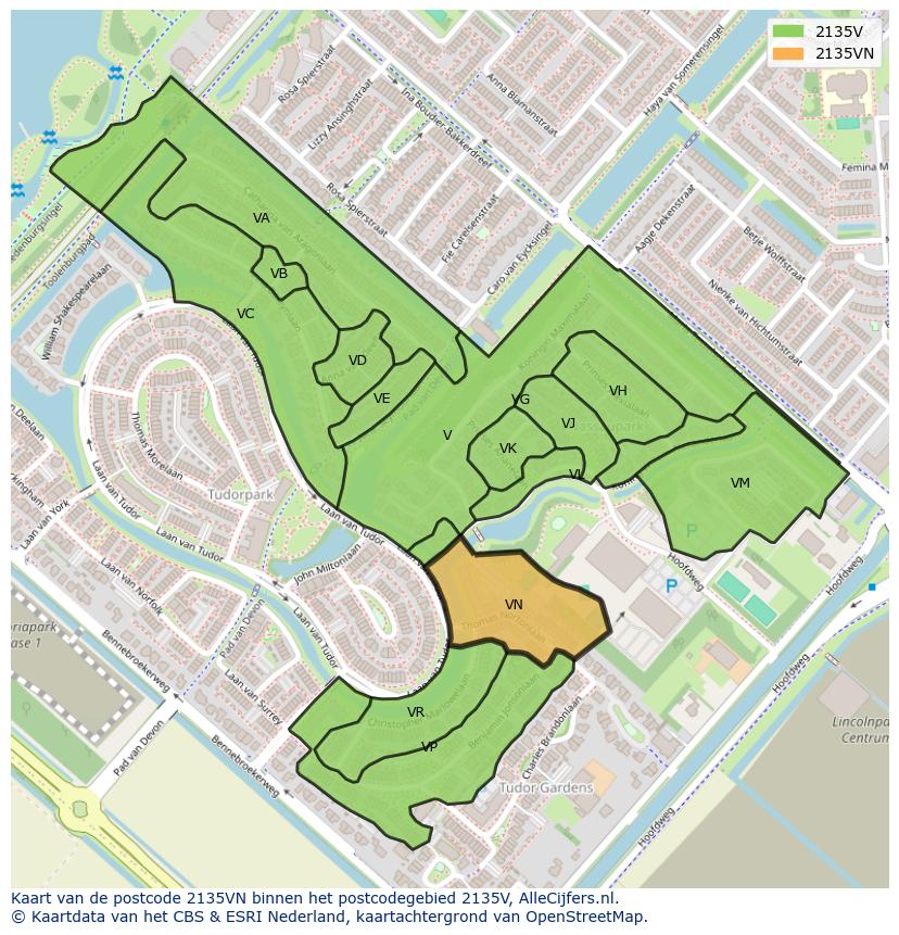 Afbeelding van het postcodegebied 2135 VN op de kaart.