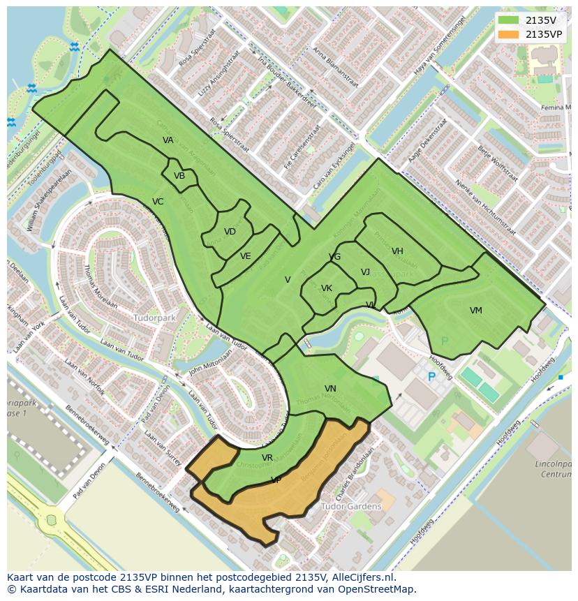 Afbeelding van het postcodegebied 2135 VP op de kaart.