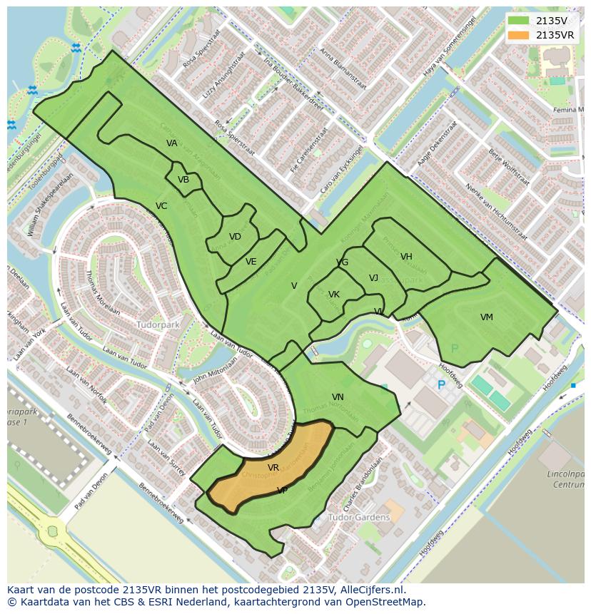 Afbeelding van het postcodegebied 2135 VR op de kaart.