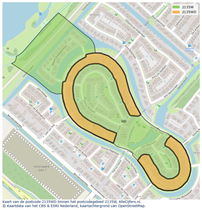 Afbeelding van het postcodegebied 2135 WD op de kaart.