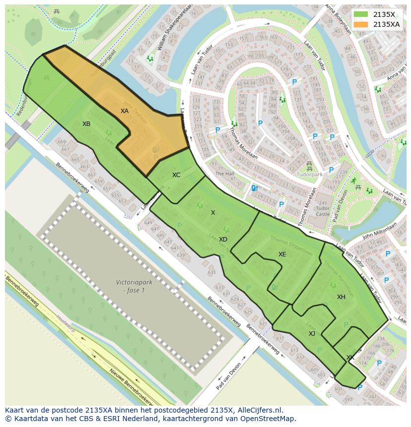 Afbeelding van het postcodegebied 2135 XA op de kaart.