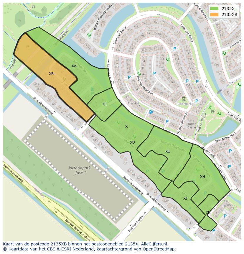Afbeelding van het postcodegebied 2135 XB op de kaart.