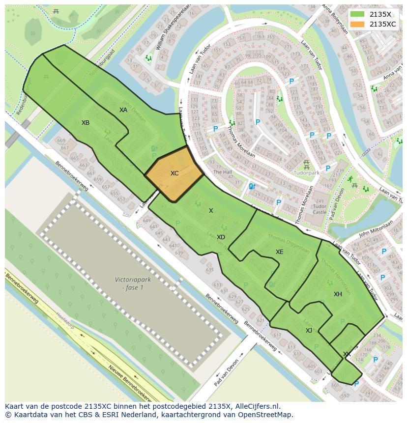 Afbeelding van het postcodegebied 2135 XC op de kaart.