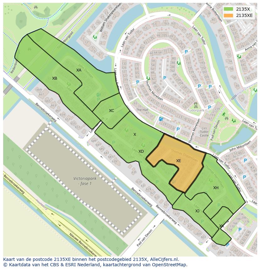 Afbeelding van het postcodegebied 2135 XE op de kaart.