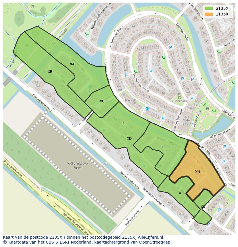 Afbeelding van het postcodegebied 2135 XH op de kaart.