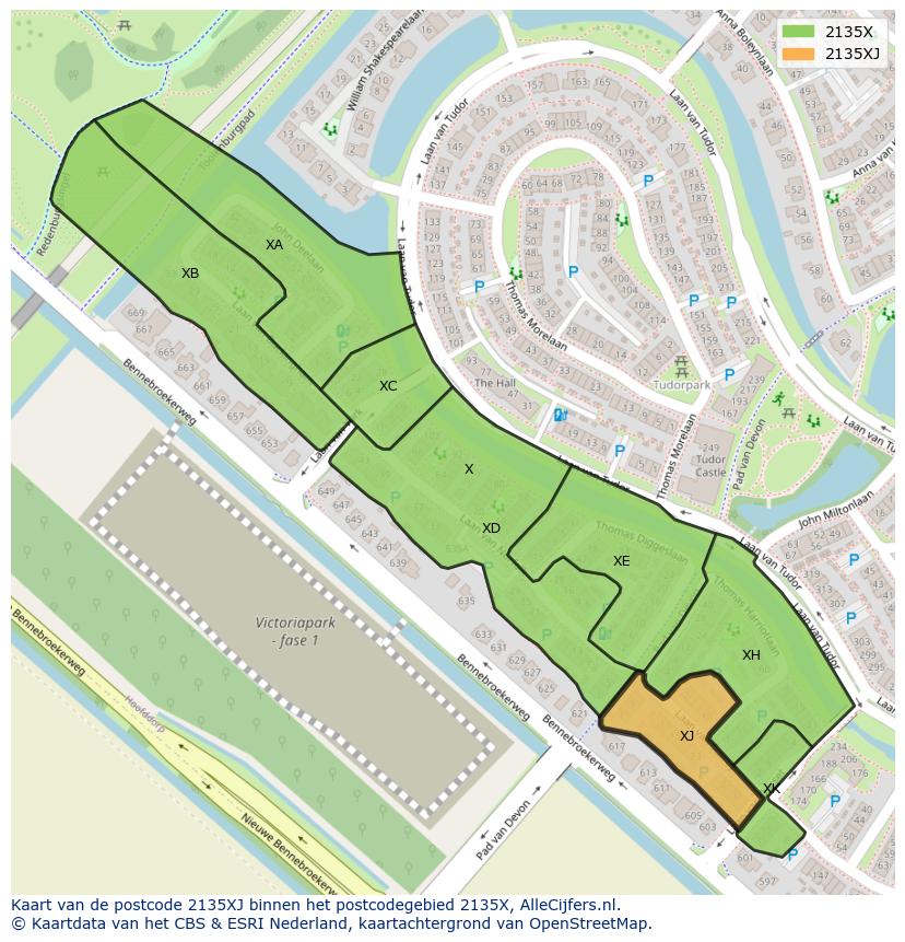 Afbeelding van het postcodegebied 2135 XJ op de kaart.