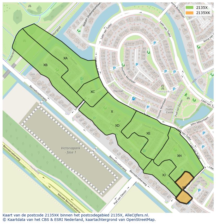 Afbeelding van het postcodegebied 2135 XK op de kaart.
