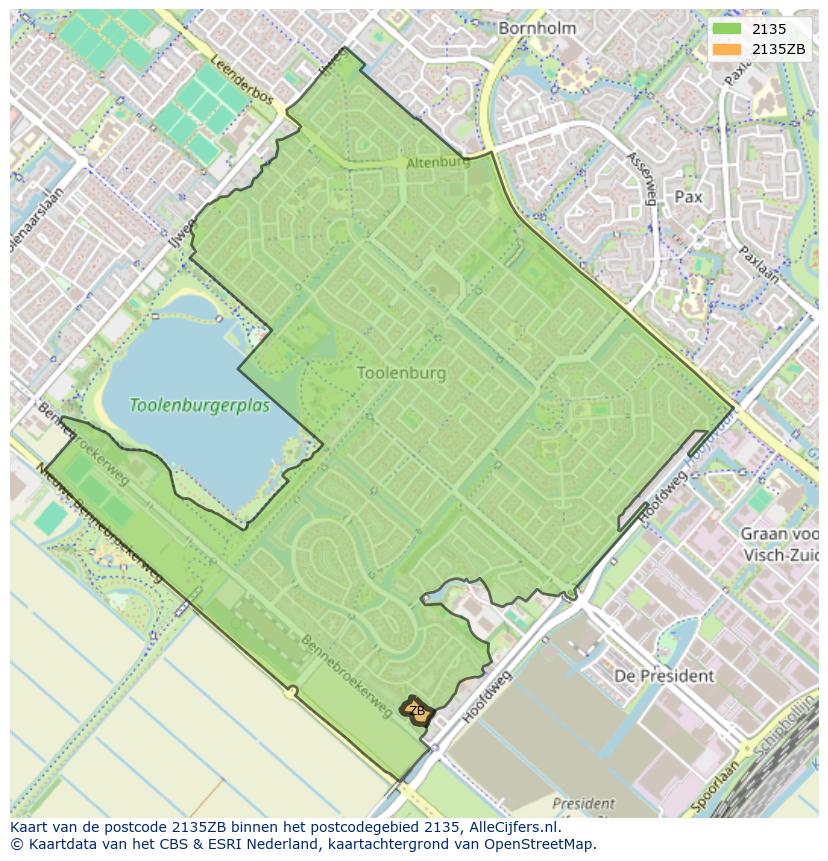 Afbeelding van het postcodegebied 2135 ZB op de kaart.