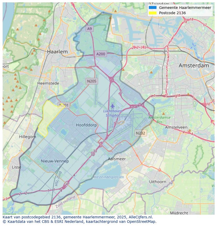 Afbeelding van het postcodegebied 2136 op de kaart.