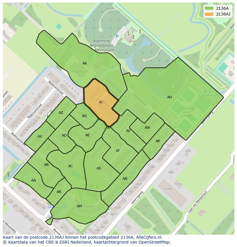 Afbeelding van het postcodegebied 2136 AJ op de kaart.