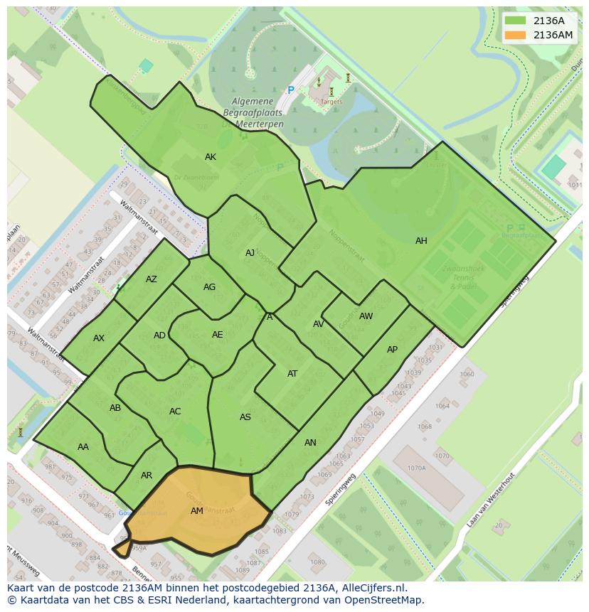 Afbeelding van het postcodegebied 2136 AM op de kaart.