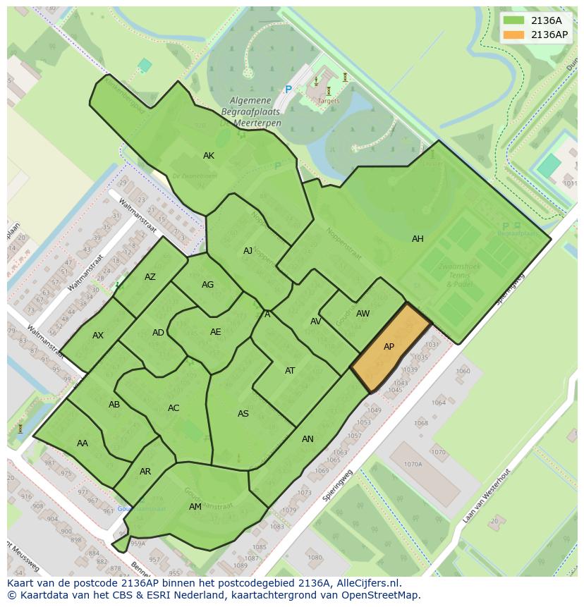 Afbeelding van het postcodegebied 2136 AP op de kaart.