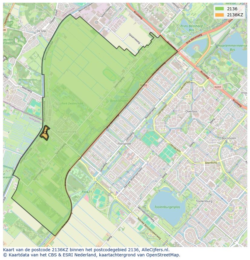 Afbeelding van het postcodegebied 2136 KZ op de kaart.