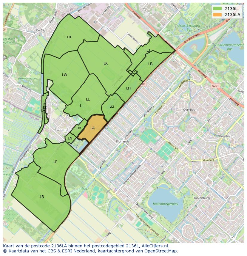 Afbeelding van het postcodegebied 2136 LA op de kaart.