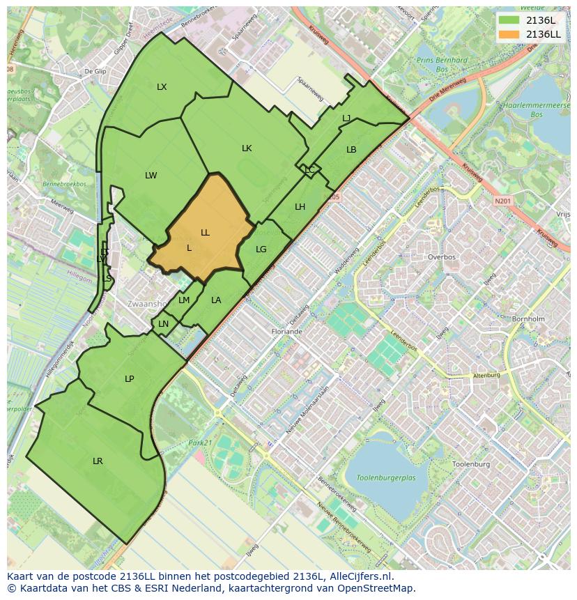 Afbeelding van het postcodegebied 2136 LL op de kaart.