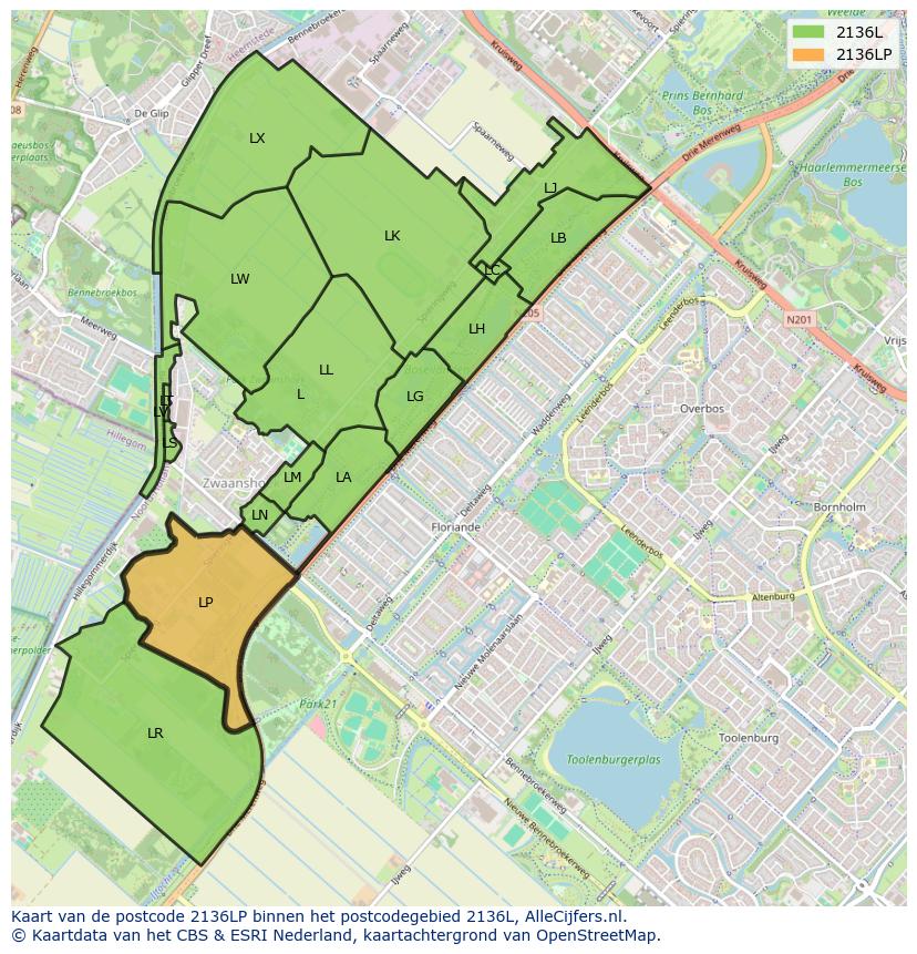 Afbeelding van het postcodegebied 2136 LP op de kaart.