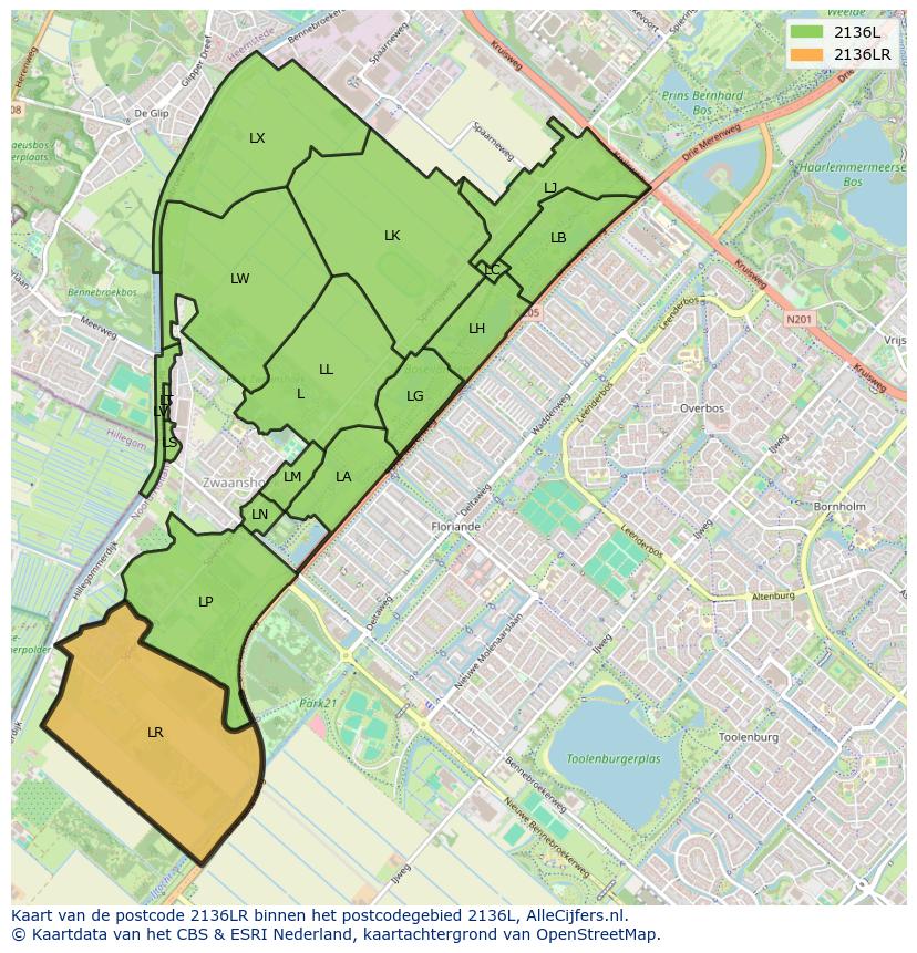 Afbeelding van het postcodegebied 2136 LR op de kaart.