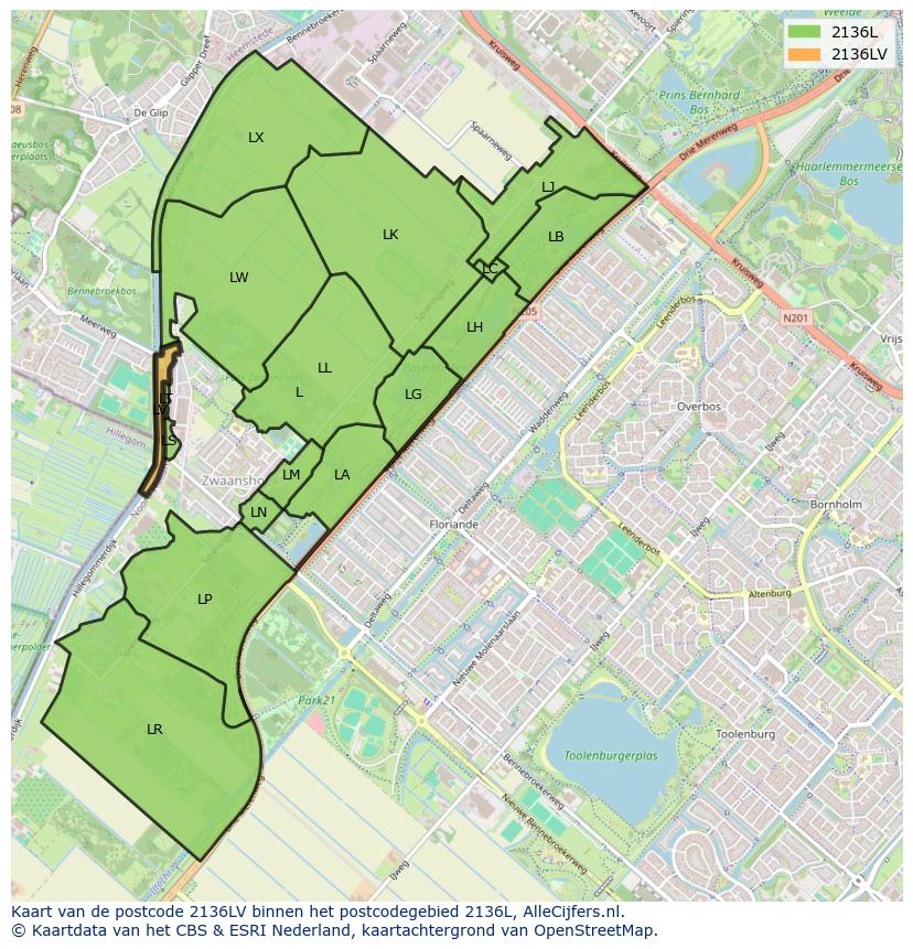 Afbeelding van het postcodegebied 2136 LV op de kaart.