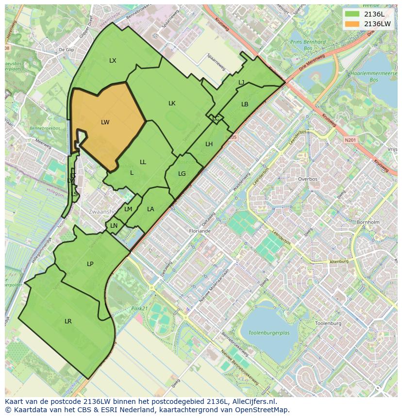 Afbeelding van het postcodegebied 2136 LW op de kaart.