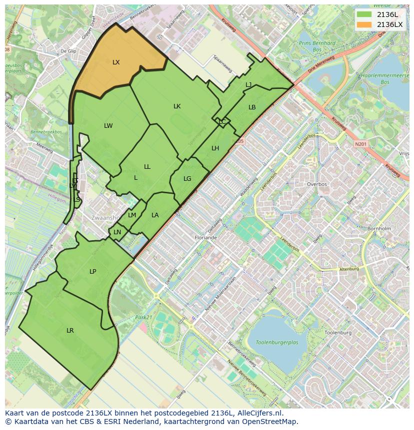 Afbeelding van het postcodegebied 2136 LX op de kaart.