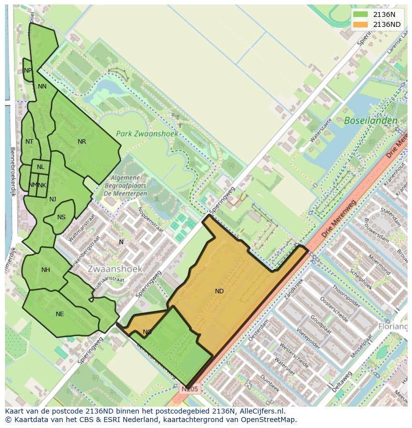 Afbeelding van het postcodegebied 2136 ND op de kaart.