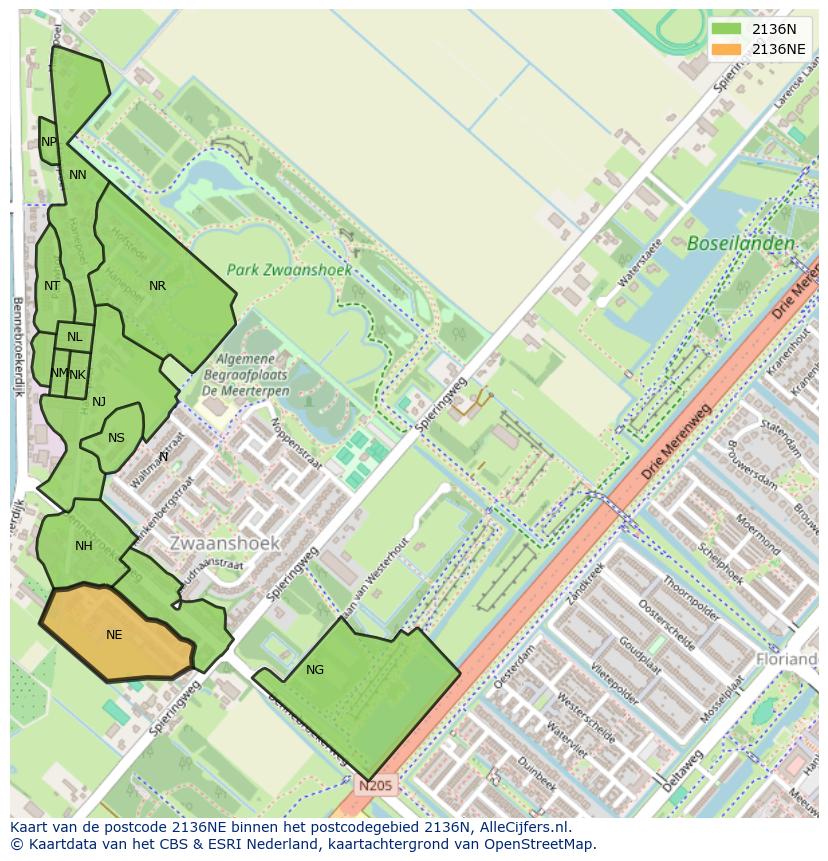 Afbeelding van het postcodegebied 2136 NE op de kaart.