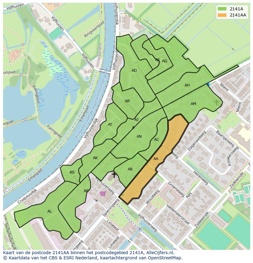 Afbeelding van het postcodegebied 2141 AA op de kaart.