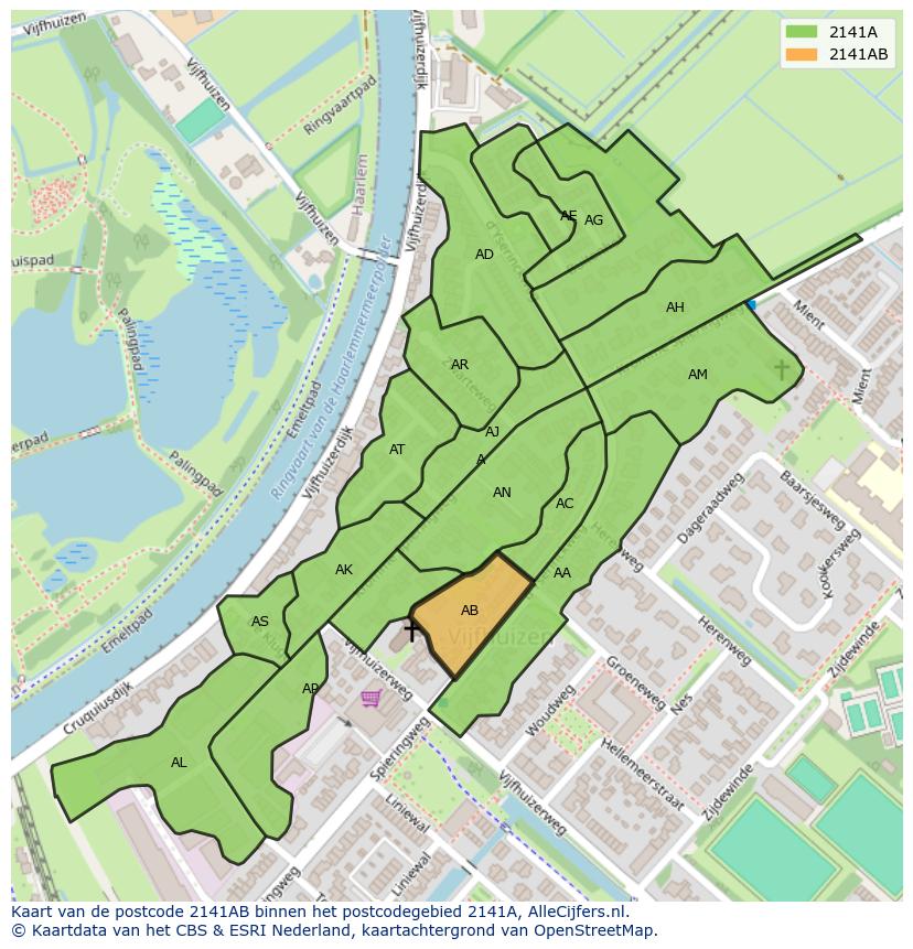 Afbeelding van het postcodegebied 2141 AB op de kaart.
