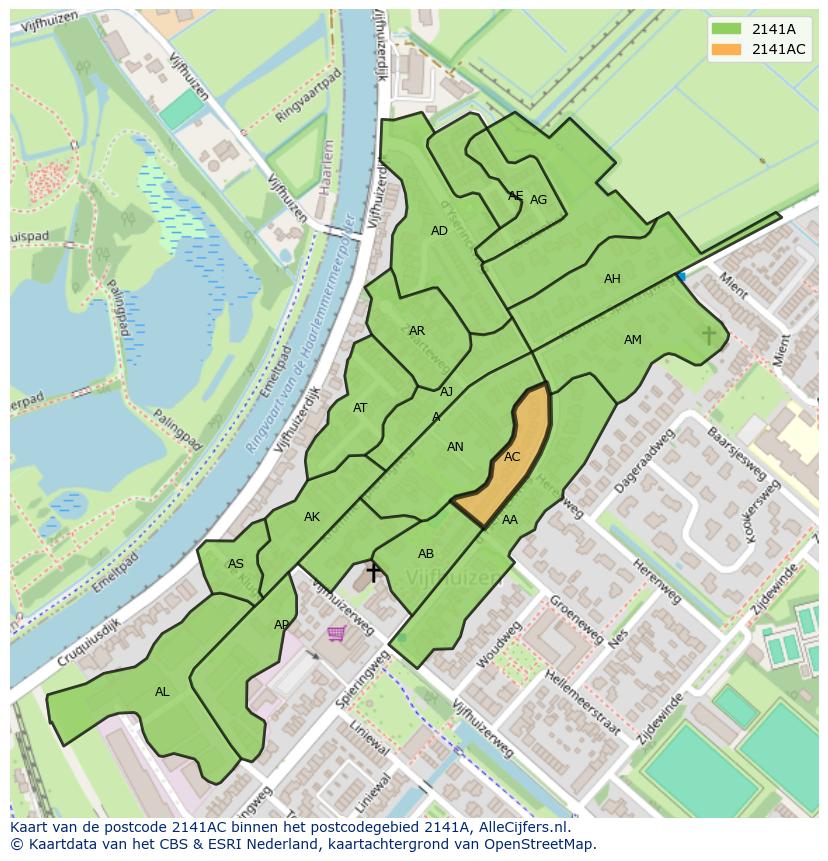 Afbeelding van het postcodegebied 2141 AC op de kaart.