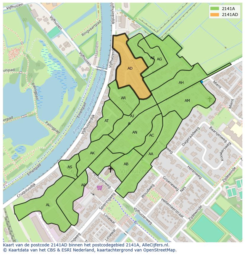 Afbeelding van het postcodegebied 2141 AD op de kaart.