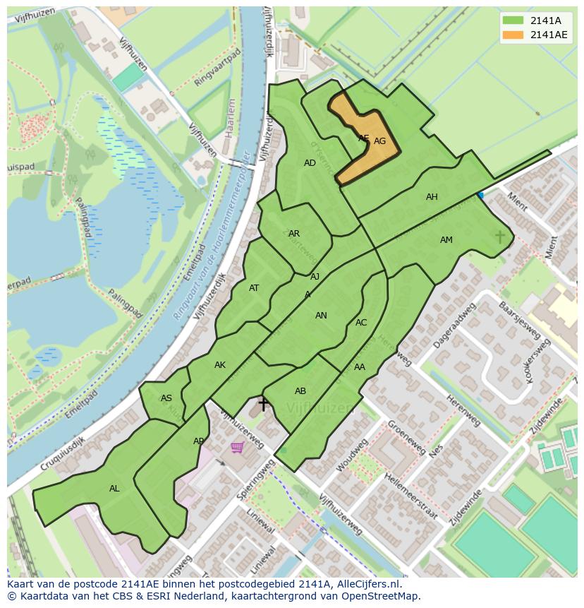 Afbeelding van het postcodegebied 2141 AE op de kaart.