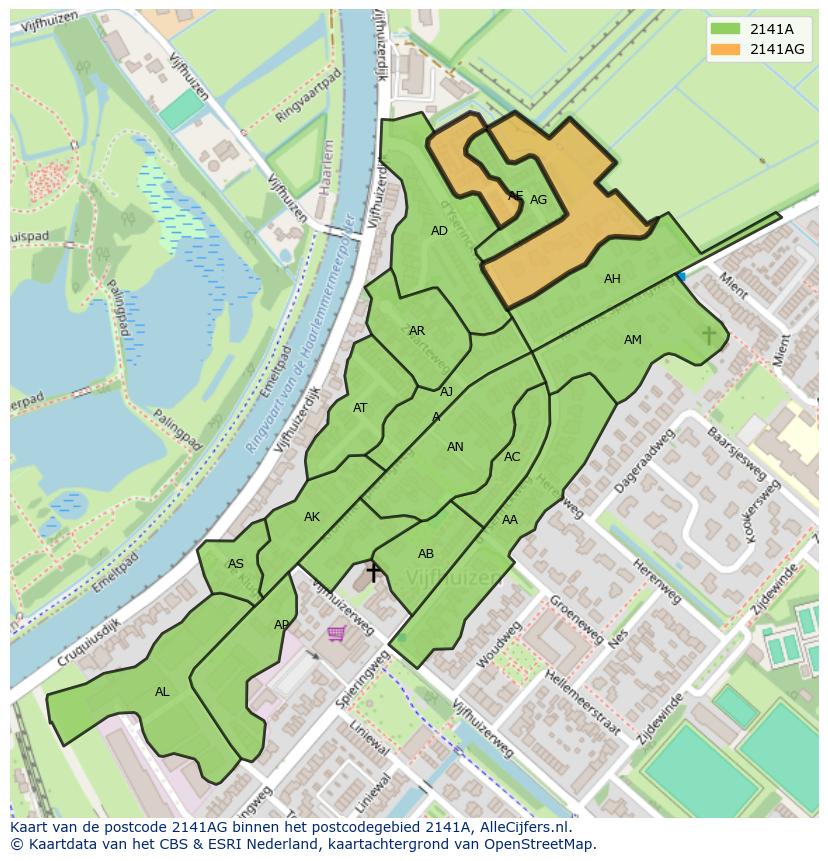 Afbeelding van het postcodegebied 2141 AG op de kaart.