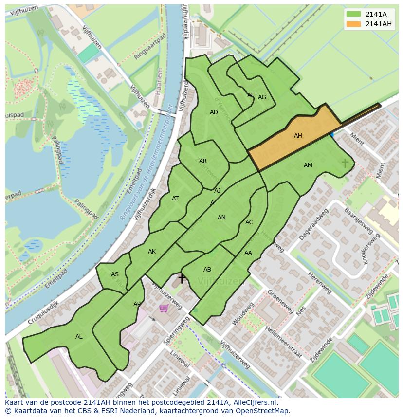 Afbeelding van het postcodegebied 2141 AH op de kaart.
