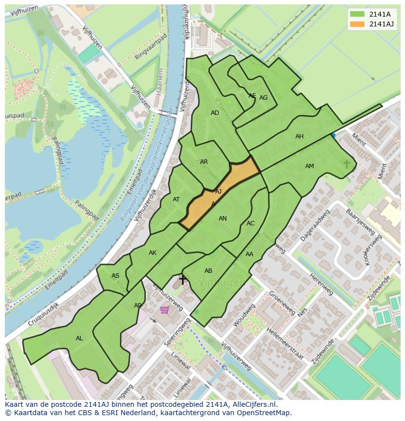 Afbeelding van het postcodegebied 2141 AJ op de kaart.