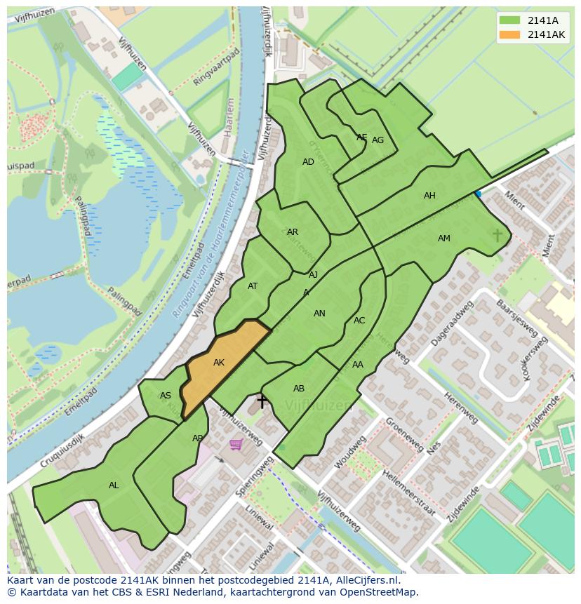 Afbeelding van het postcodegebied 2141 AK op de kaart.