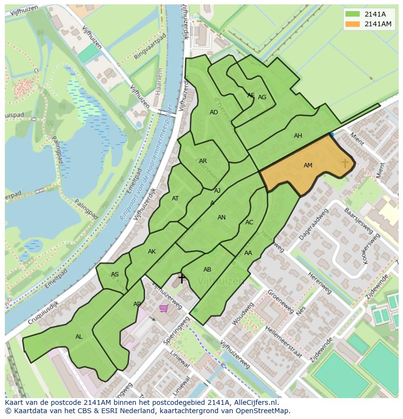 Afbeelding van het postcodegebied 2141 AM op de kaart.