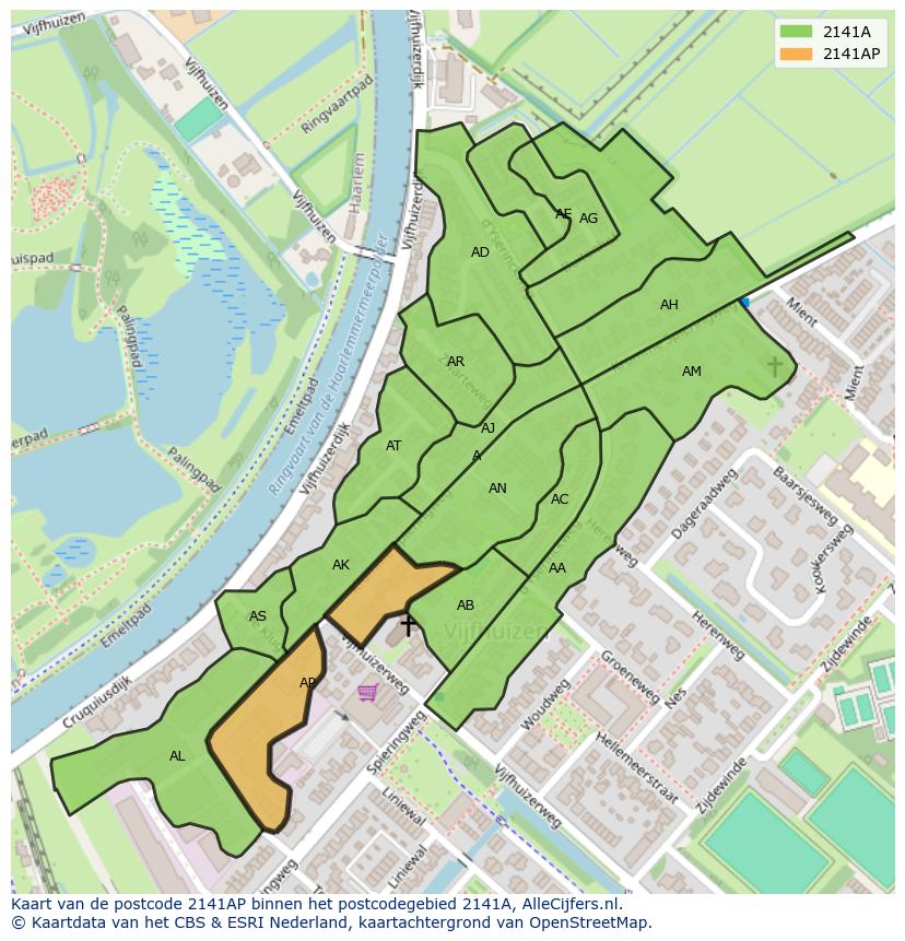 Afbeelding van het postcodegebied 2141 AP op de kaart.