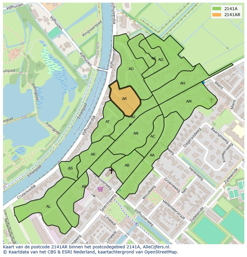 Afbeelding van het postcodegebied 2141 AR op de kaart.