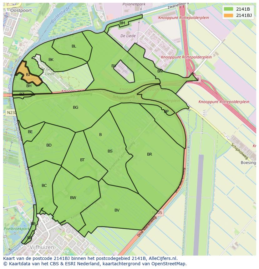 Afbeelding van het postcodegebied 2141 BJ op de kaart.