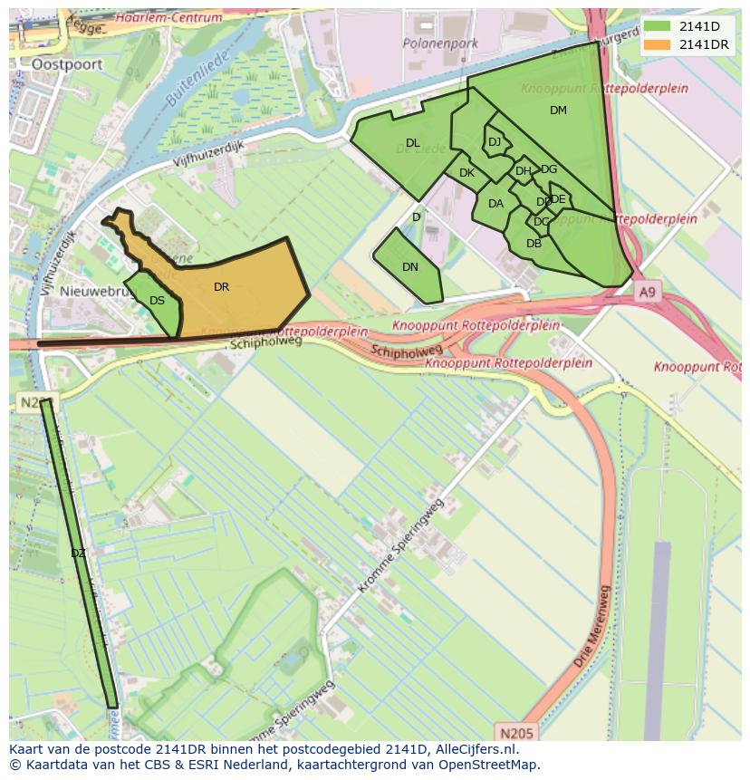 Afbeelding van het postcodegebied 2141 DR op de kaart.