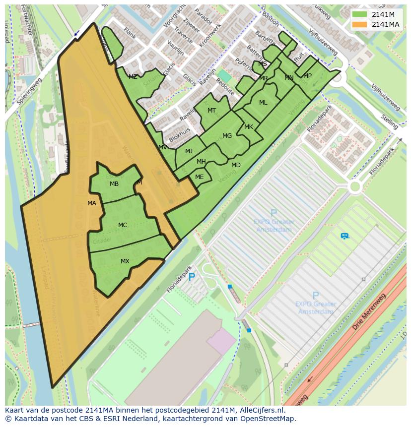 Afbeelding van het postcodegebied 2141 MA op de kaart.