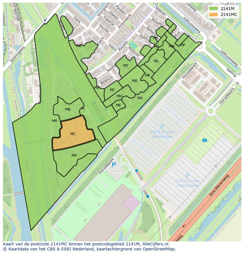Afbeelding van het postcodegebied 2141 MC op de kaart.