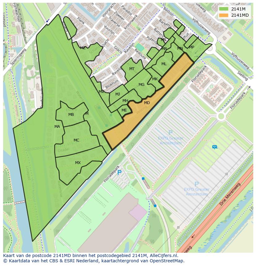 Afbeelding van het postcodegebied 2141 MD op de kaart.
